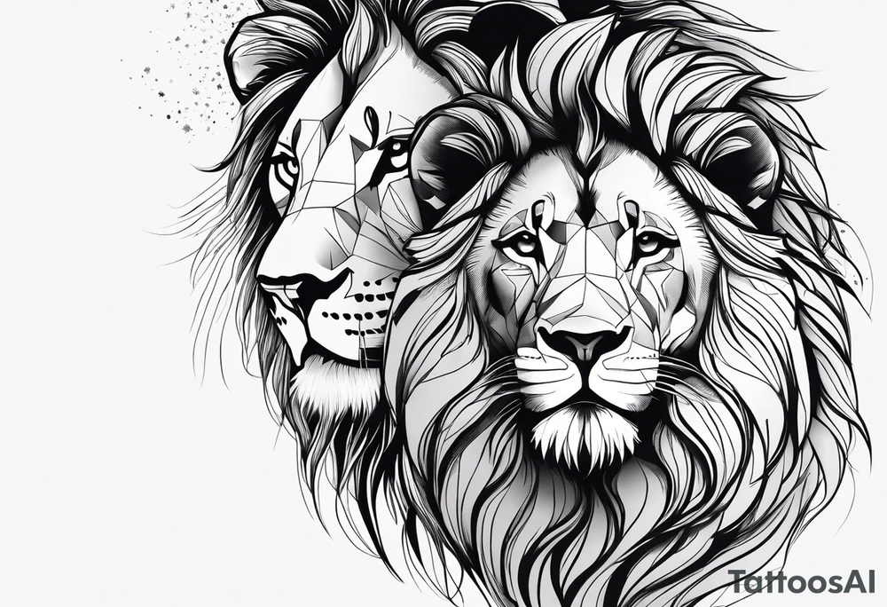 Moitie Visage lion avec son bebe lionne avec trait super fin entouré d'un cœur tattoo idea