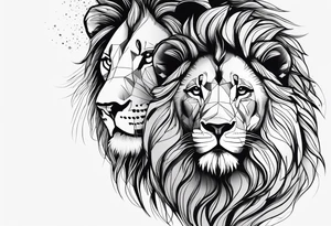 Moitie Visage lion avec son bebe lionne avec trait super fin entouré d'un cœur tattoo idea