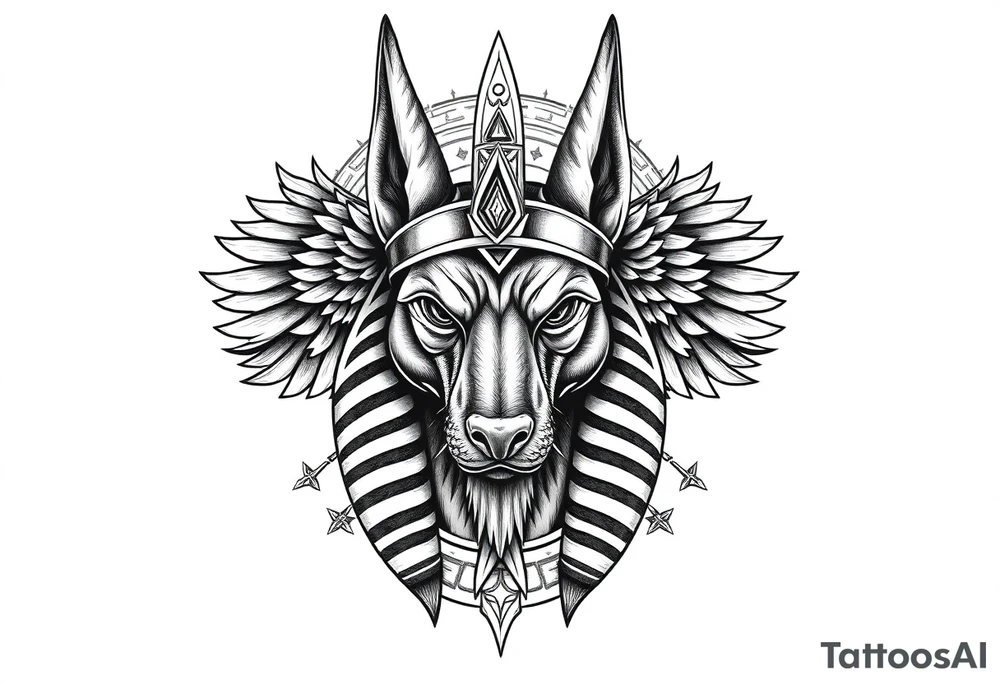 Egyptian Anubis god face muscle in Egypt style  with mantle on head with empty eyes 

dog face surrounded Egyptian symbols based on elements tattoo idea