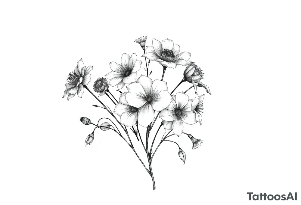 A cluster of wildflowers, with solid black shadows at the base and lighter stippling toward the petals. Some flowers in full bloom while some petals wilting or dropping symbolizing the passage of time. tattoo idea