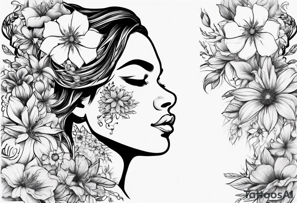 Face of an Norwegian curvy girl covered in flowers tattoo idea