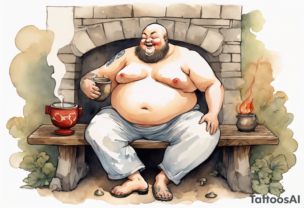 fat man with a mushroom for a head wearing a medieval tunic sitting on a bench by a fireplace drinking from a wood cup, laughing tattoo idea