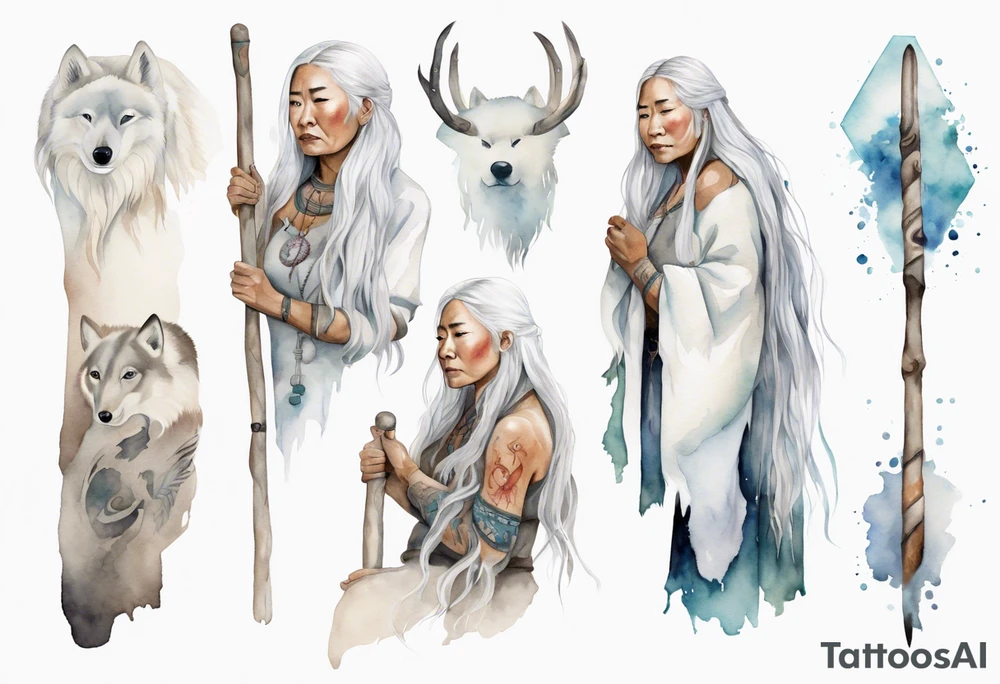 an Inuit woman with long white hair holding onto a white staff tattoo idea