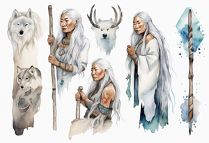 an Inuit woman with long white hair holding onto a white staff tattoo idea