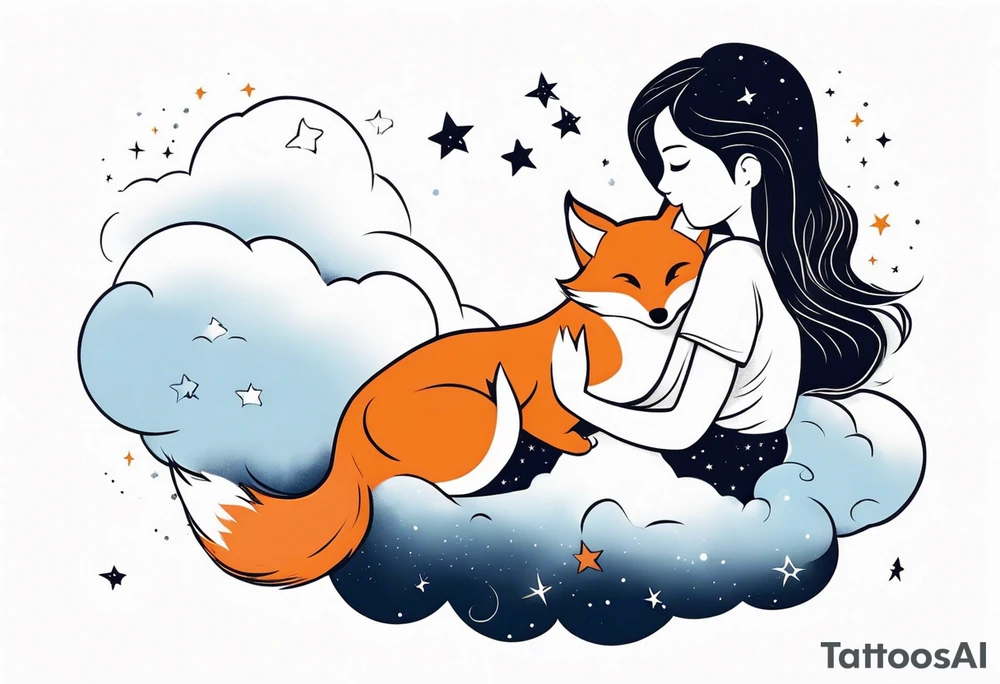 little girl with a fox sit side by side on a cloud and look at the stars tattoo idea