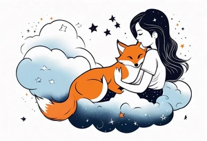 little girl with a fox sit side by side on  a cloud and look at the stars tattoo idea