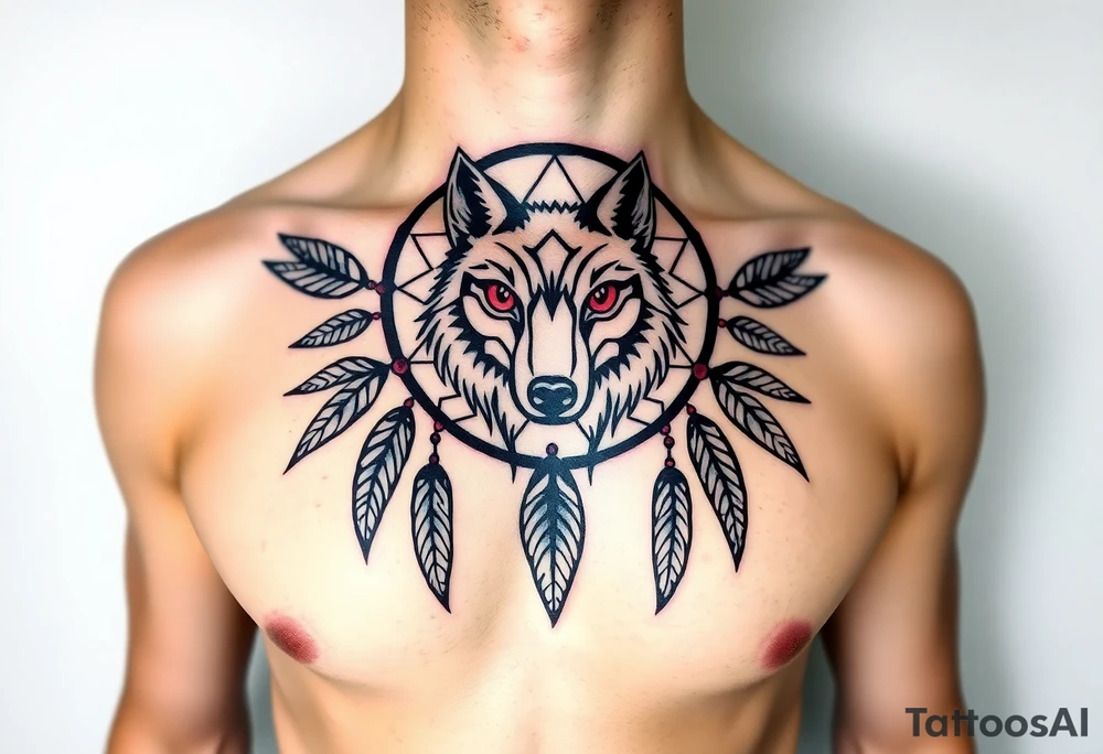 A symmetrical tribal wolf head inside a dreamcatcher, with feather patterns forming geometric shapes around it. The design is rendered in black ink with accents of red for the eyes and white in the feathers tattoo idea