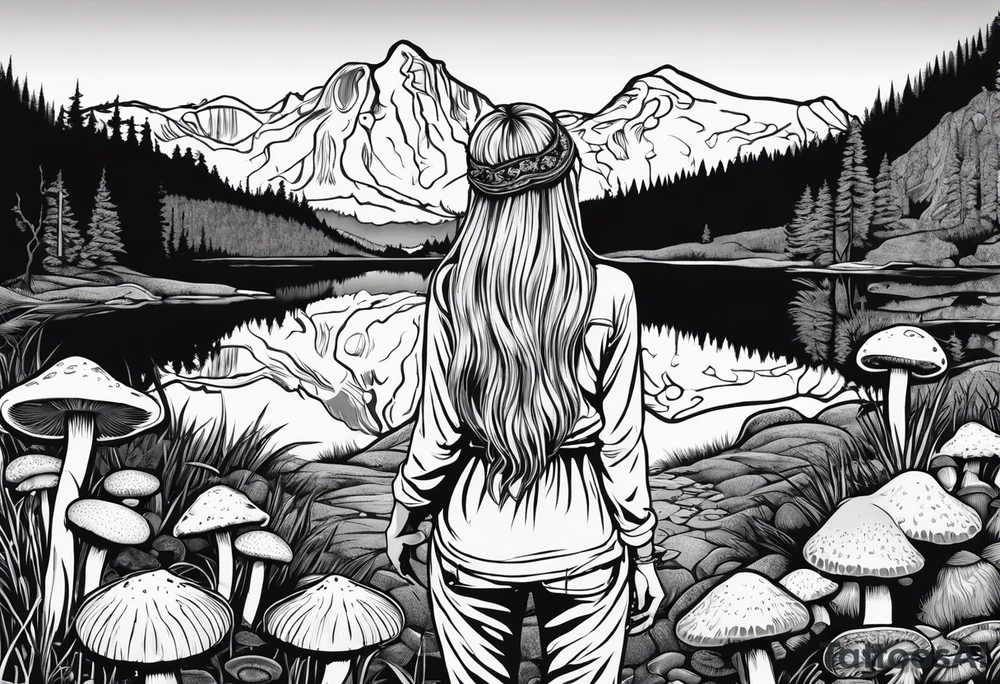 Whole picture encircled fully

Straight long blonde hair hippie girl in distance holding mushrooms in hand facing away toward mountains and creek surrounded by mushrooms long sleeve shirt and hiking pants; whole rendering within a full circle, no cut off circle tattoo idea