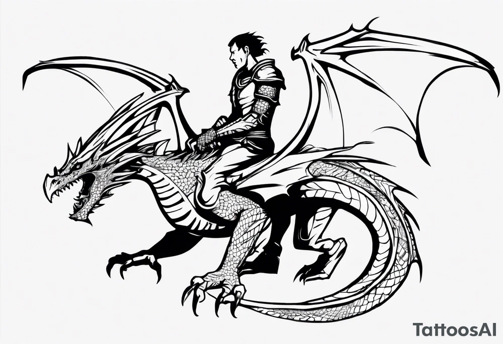 a simple wyvern with a dragon rider human in dragon armor tattoo idea