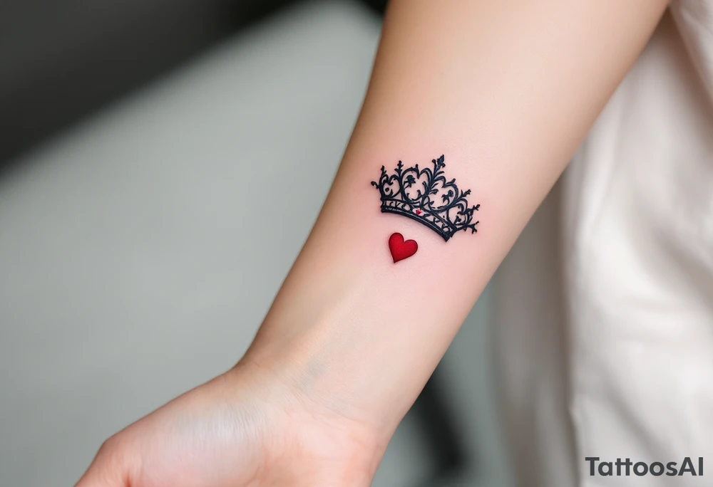 Ornate filigree-style black crowns with small deep red heart designs beneath each. tattoo idea