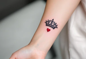 Ornate filigree-style black crowns with small deep red heart designs beneath each. tattoo idea