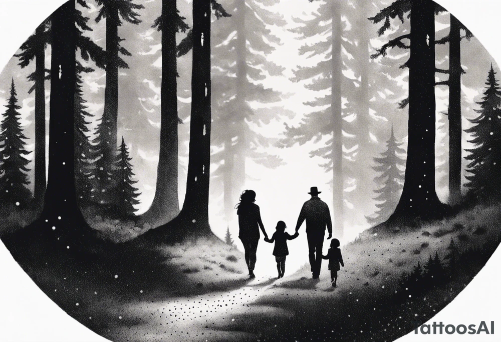 A shadow of a father and wife and young son and young daughter  walking through the Pacific Northwest Forrest.. Trust in God tattoo idea