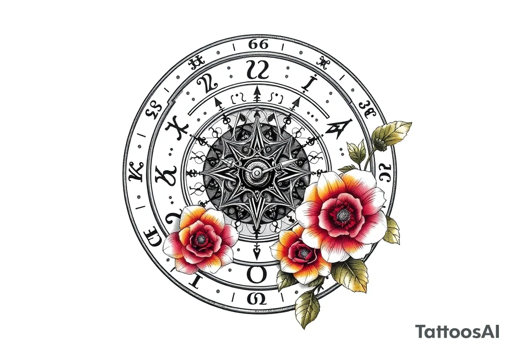 zodiac symbols and Norse runes within ornate clockwork mechanism with roses lilly sunflowers tattoo idea