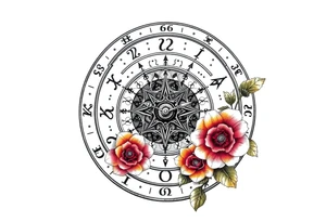 zodiac symbols and Norse runes within ornate clockwork mechanism with roses lilly sunflowers tattoo idea