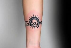 Forearm tattoo for a man using the name “Tatayana” Starting from the wrist, stretching to the elbow with the sun and moon tattoo idea