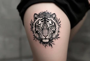 Character 力 (lì, “strength”) in dark gray pairs with a tiger to emphasize inner and outer power. tattoo idea