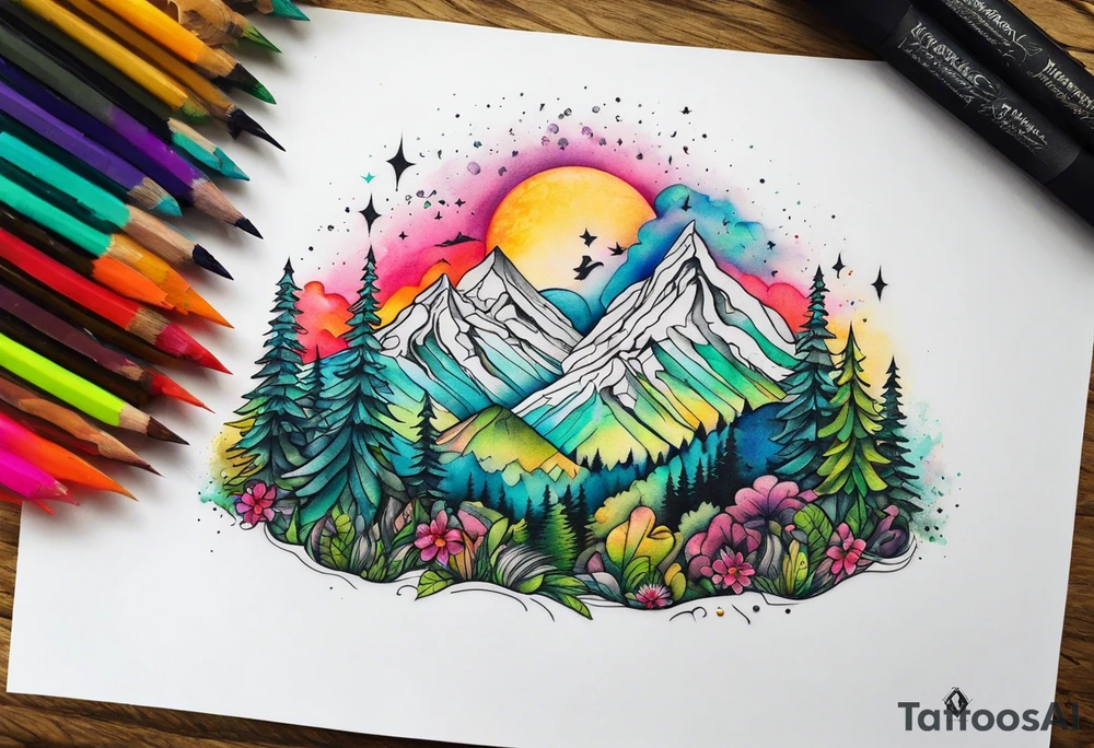 tiny forest mountain tattoo idea