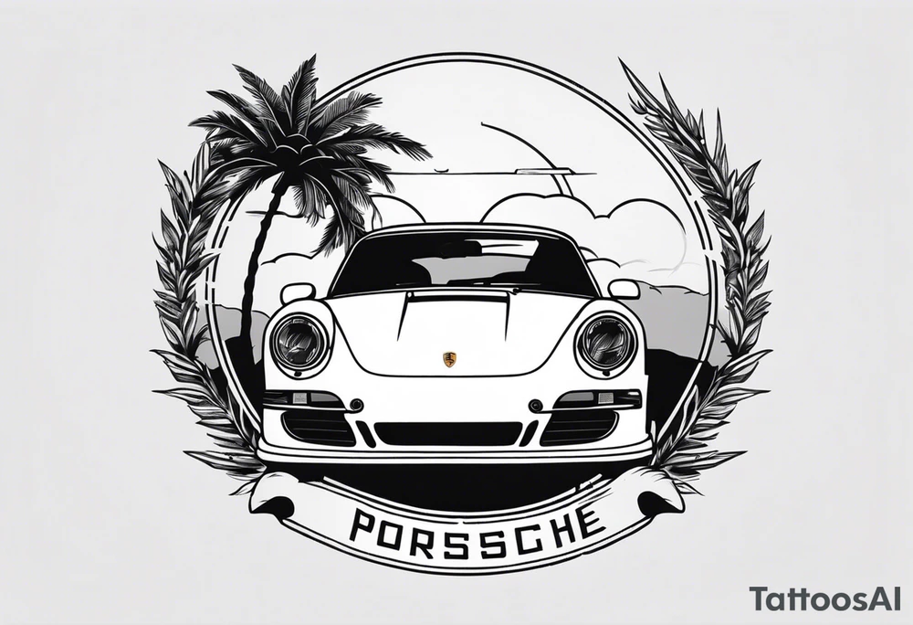 laurel wreath with porsche car inside and palm tree tattoo idea