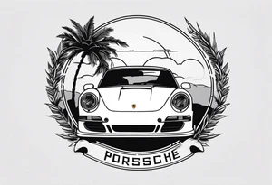 laurel wreath with porsche car inside and palm tree tattoo idea