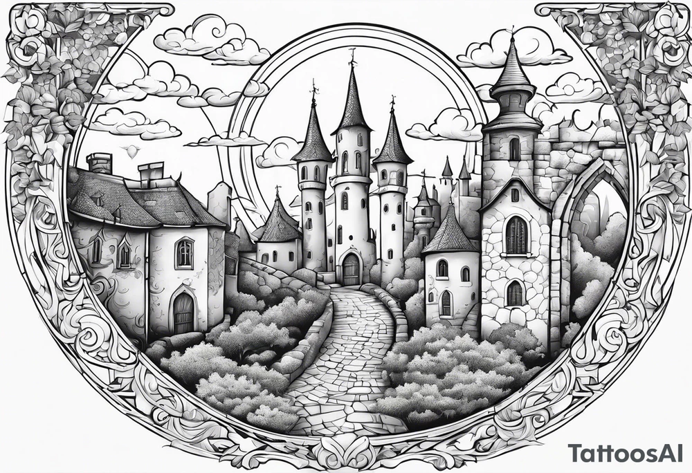 sky medieval town garden with towers small houses gate entrance
in circle white clouds vignette tattoo idea