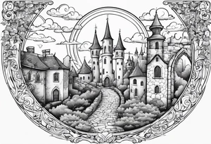 sky medieval town garden with towers small houses gate entrance 
 in circle white clouds  vignette tattoo idea