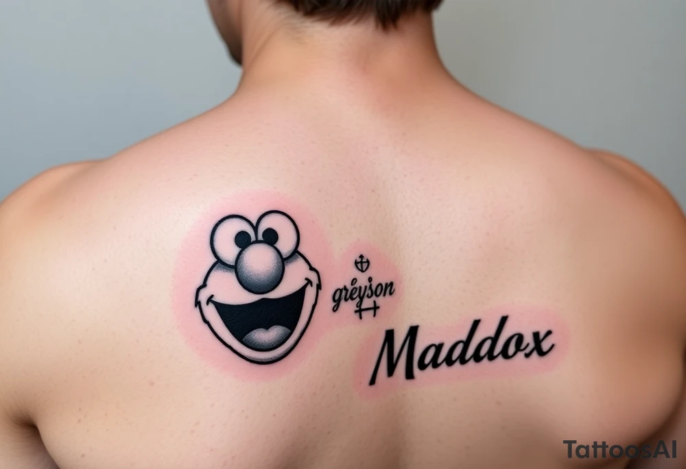 sibling elmo and spiderman tatoo bright colors name greyson and maddox tattoo idea