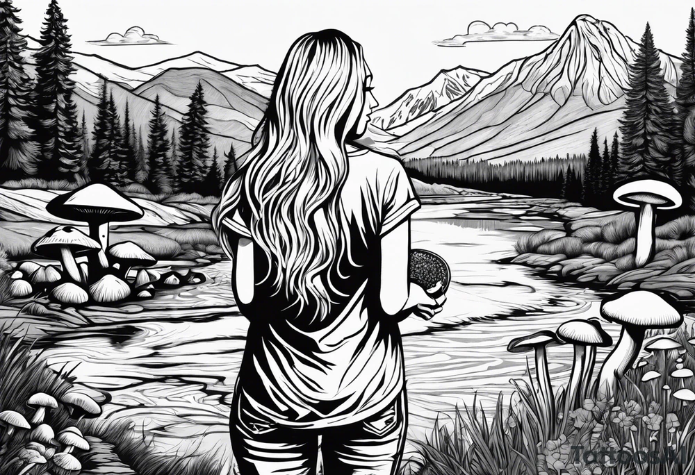 Straight long blonde hair hippie girl in distance holding mushrooms in hand facing away toward mountains and creek surrounded by mushrooms tee shirt and hiking pants; whole rendering within a full circle, no cut off circle tattoo idea