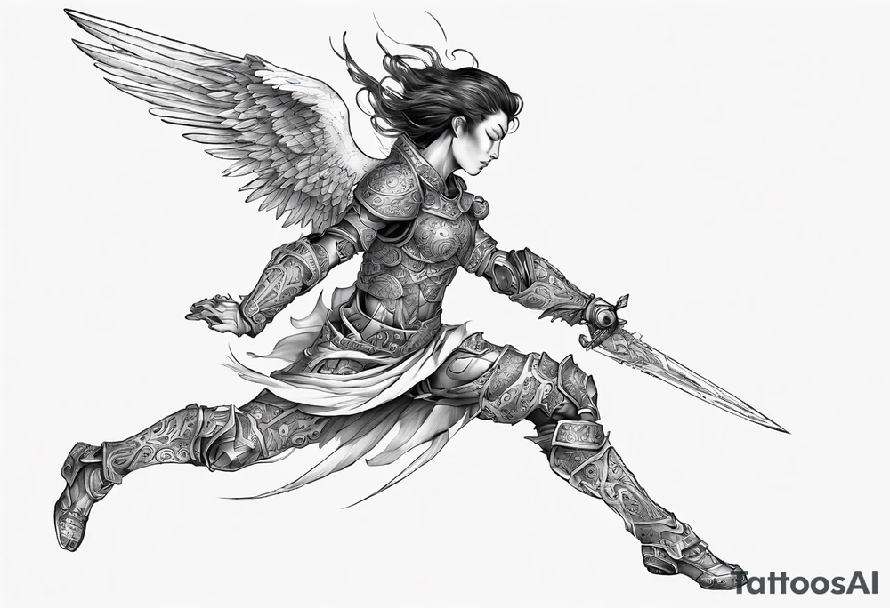 Side view of an angel wearing inorganic armor that is in mid-air ready to attack tattoo idea