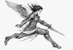 Side view of an angel wearing inorganic armor that is in mid-air ready to attack tattoo idea