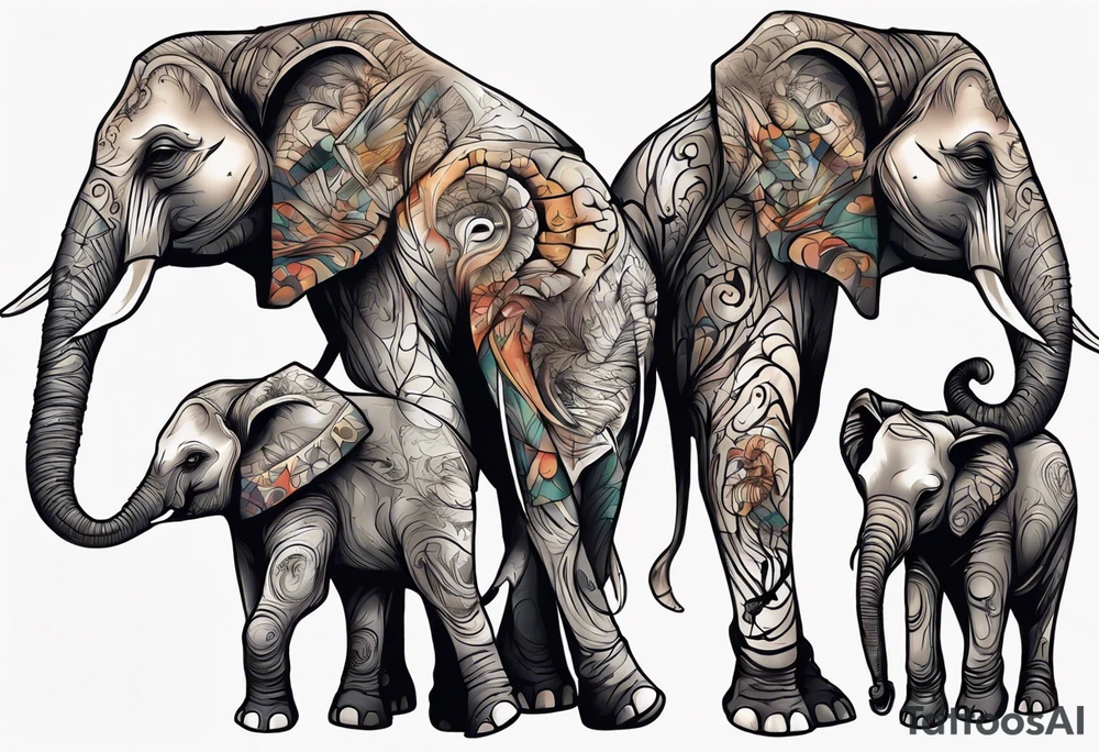 family of elephants including a mom and dad, 4 children, one of which is deceased. tattoo idea