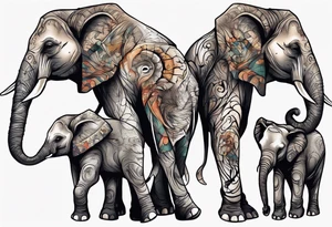 family of elephants including a mom and dad, 4 children, one of which is deceased. tattoo idea
