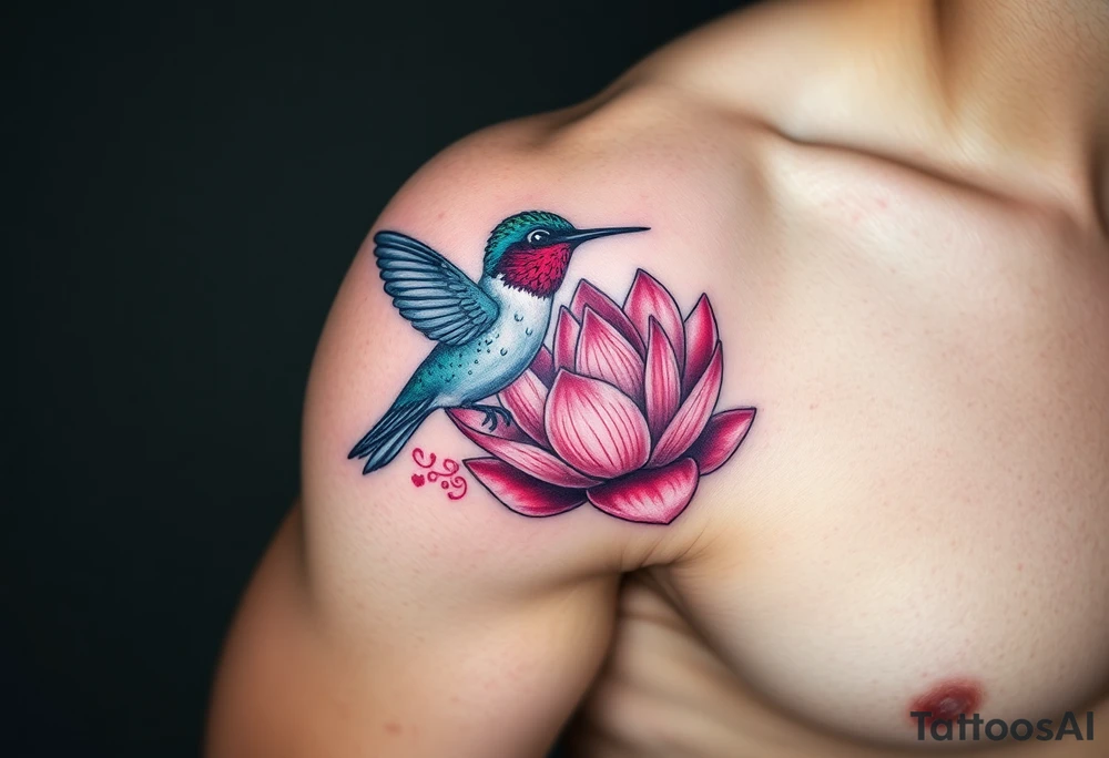 A Hummingbird Drinking from a Lotus Flower (only red , blue and black are possible colors) tattoo idea