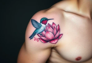 A Hummingbird Drinking from a Lotus Flower (only red , blue and black are possible colors) tattoo idea