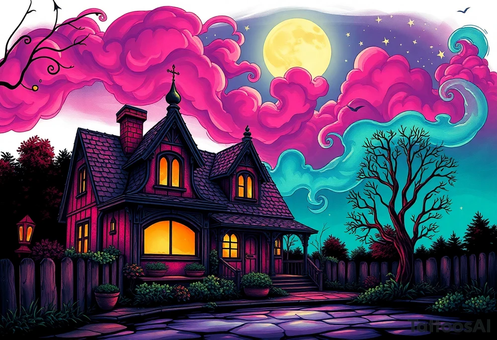 Tim Burton’s sleeping beautys cottage from outside view is the street abandoned and dripping with muted reds, dusty pinks, and eerie green glow purple and cyan smokey clouds swirl and dance in the moonlit night sky filled with twinkling stars  tattoo idea tattoo idea