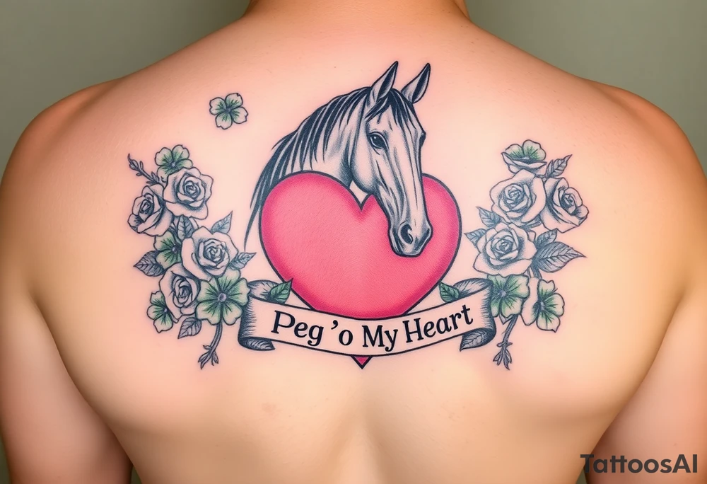 A lot of green shamrocks & red roses, a horse with a big Pink heart and a banner across the heart that says Peg 'o My Heart tattoo idea