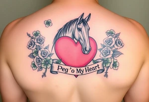 A lot of green shamrocks & red roses, a horse with a big Pink heart and a banner across the heart that says Peg 'o My Heart tattoo idea