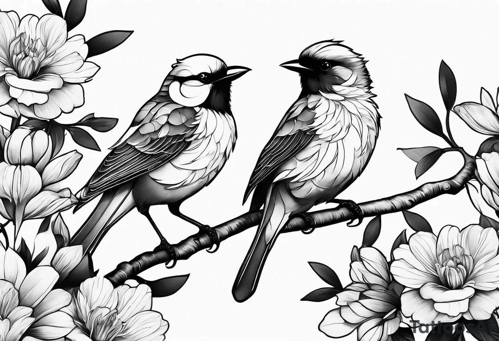 Two birds and flowers, fine line, minimal tattoo idea