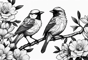 Two birds and flowers, fine line, minimal tattoo idea