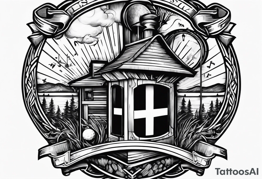 cross with whiskey glass, golf club, camp fire and cabin in the quandrants tattoo idea