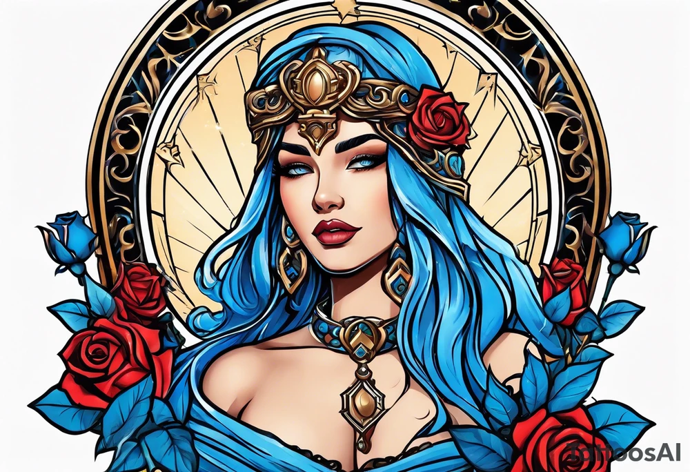 Justicia Goddess Tattoo  frame blue roses, scales and a sword, blindfolded. tattoo idea