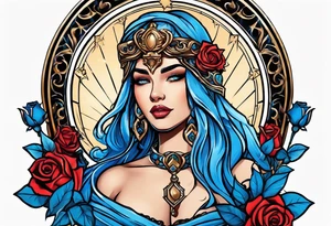 Justicia Goddess Tattoo  frame blue roses, scales and a sword, blindfolded. tattoo idea