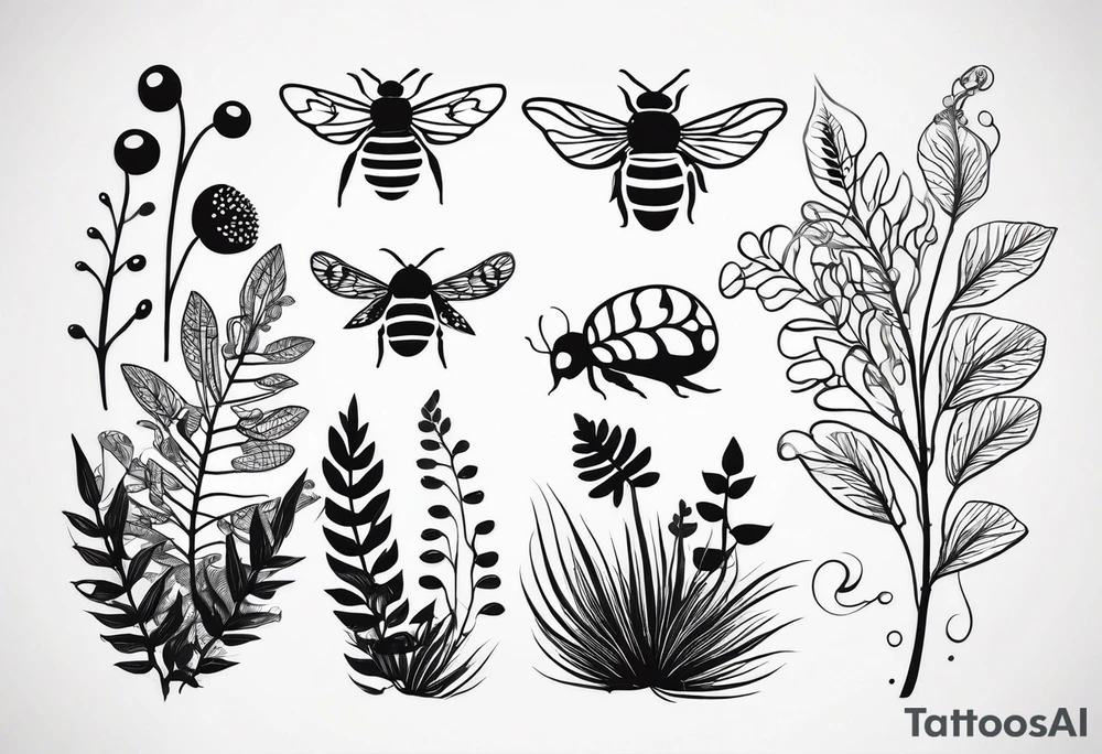 forest floor inspired minimalist tattoo, which includes grass, curly ferns, moss and dead leaves as the bulk of the tattoo. details to include: forest berries, a tiny bumblebee flying nearby, three small brown mushrooms
Generate a vertically long one tattoo idea