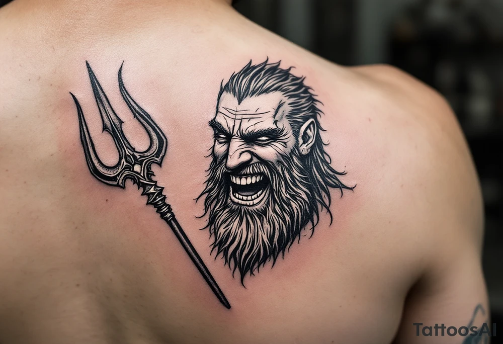 laughing poseidon, behind a trident, looking at his nose tattoo idea