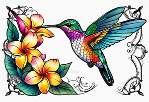 Hummingbird with a plumeria masculine style colorful tattoo idea