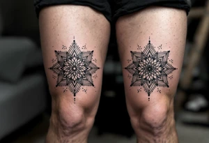 Dotwork mandala stars in black and gray, carefully centered on each kneecap, featuring intricate pointillist patterns and sacred geometry. tattoo idea