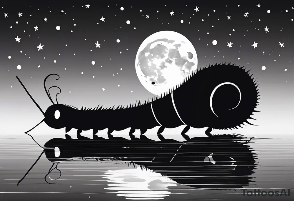 Black and white silhouette illustration of a close-up enchanting caterpillar on an autumn leaf. The caterpillar, with its distinctive body shape, is positioned on the leaf, which is floating on the water of a quiet, enchanted lake. The background shows a starry night sky and a full moon, with the reflection of both the stars and moon on the calm surface of the water. The surrounding environment is captured in soft, flowing shapes that imply the vibrant autumn colors and the tranquil, magical atmosphere of the scene. tattoo idea
