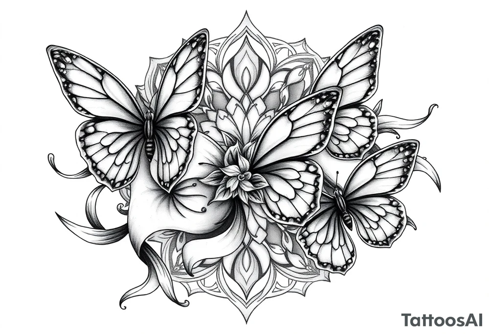 ethereal butterflies with flowing silk ribbons in geometric mandala tattoo idea