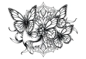 ethereal butterflies with flowing silk ribbons in geometric mandala tattoo idea