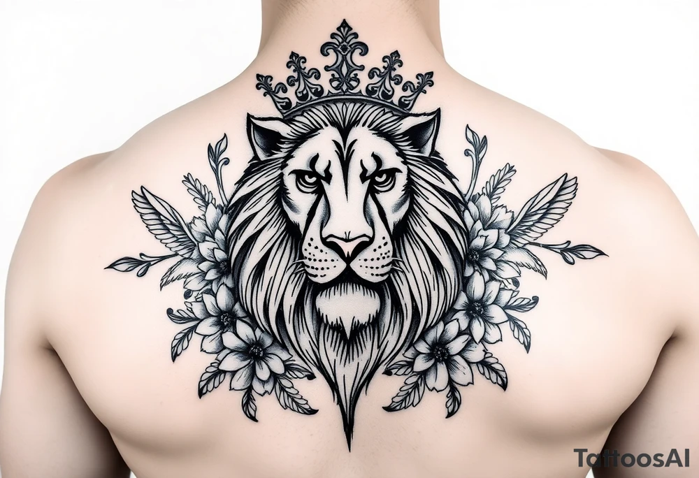 powerful majestic lion with a crown, surrounded by floral ornaments and birds tattoo idea
