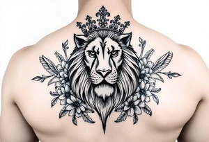 powerful majestic lion with a crown, surrounded by floral ornaments and birds tattoo idea